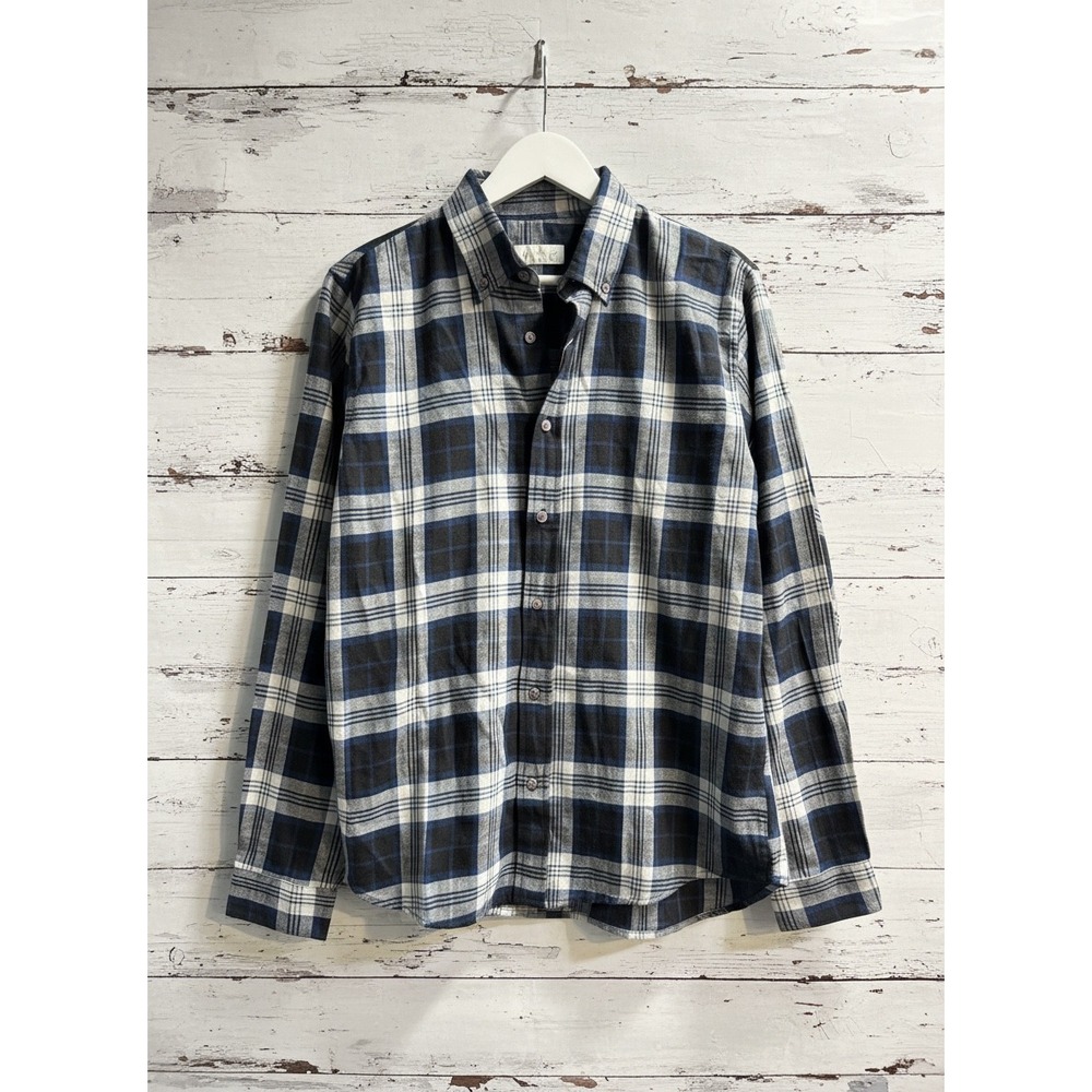 NWT Mens M Cotton & Co Blue Grey Plaid Flannel Button Down Shirt